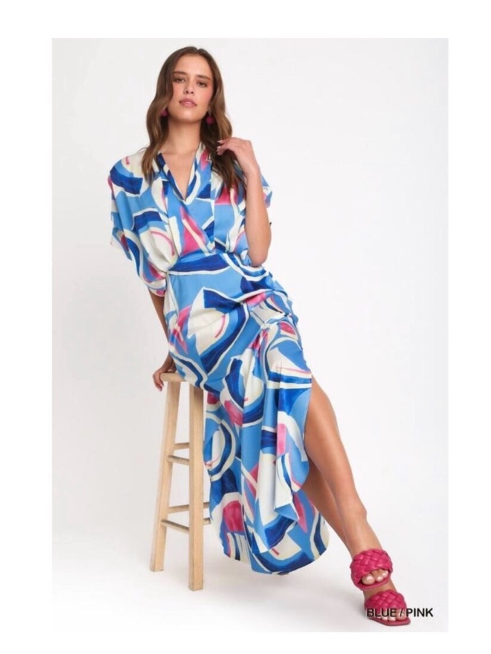 Umgee Stunning Blue & Pink Abstract Maxi Dress NWT
